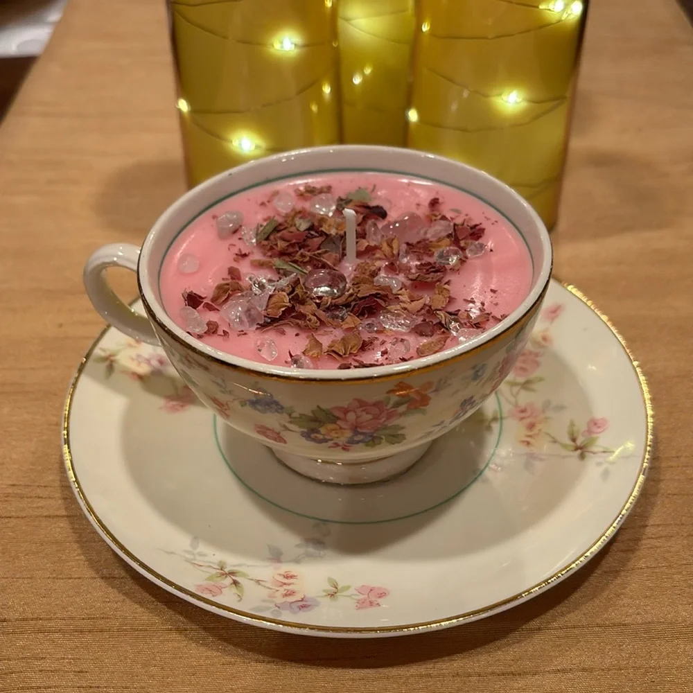 Pink Floral Teacup Candle with Dried Petals